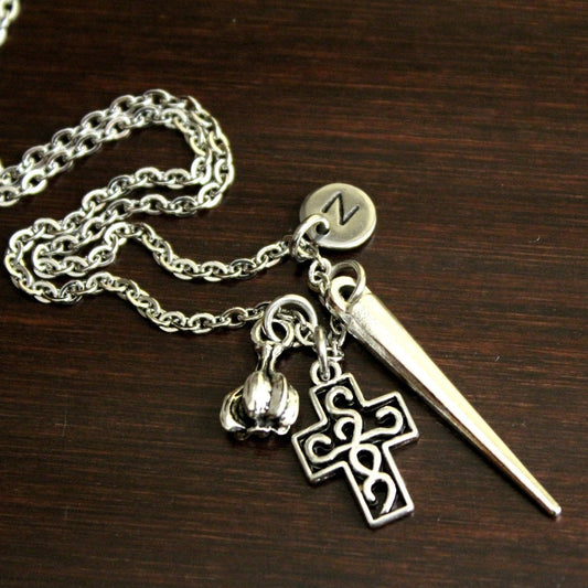 Vampire Slayer Necklace - Vampire Jewelry - Pagan Necklace - Wicca Jewelry - Gothic Jewelry - Vampire Slayer Kit - Garlic-Cross-Stake-I/B/H