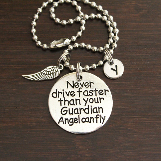 never drive faster than your guardian angel can fly rearview mirror hanger with wing charm