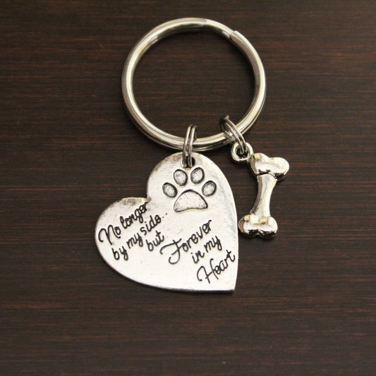 heart shaped keychain with saying no longer by my side but forever in my heart and bone charm