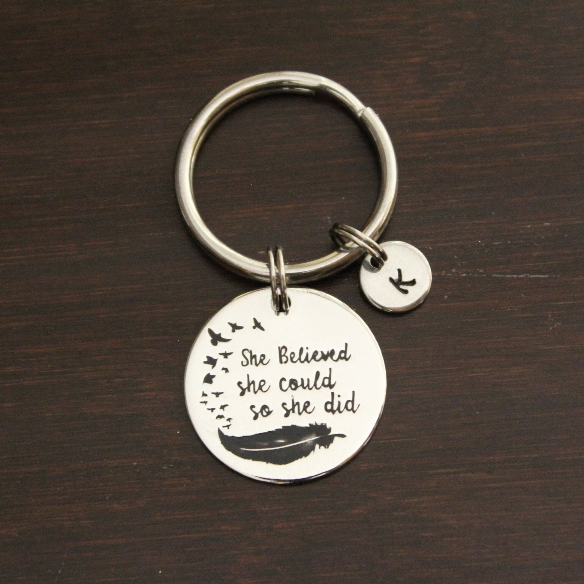 She believed she could so she did keychain with feather transitioning into birds