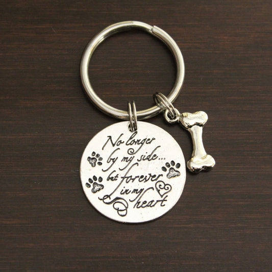 no longer by my side but forever in my heart keychain with script writing and bone charm