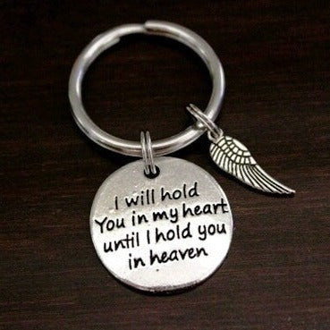 I will hold you in my heart until I hold you in heaven keychain with wing charm