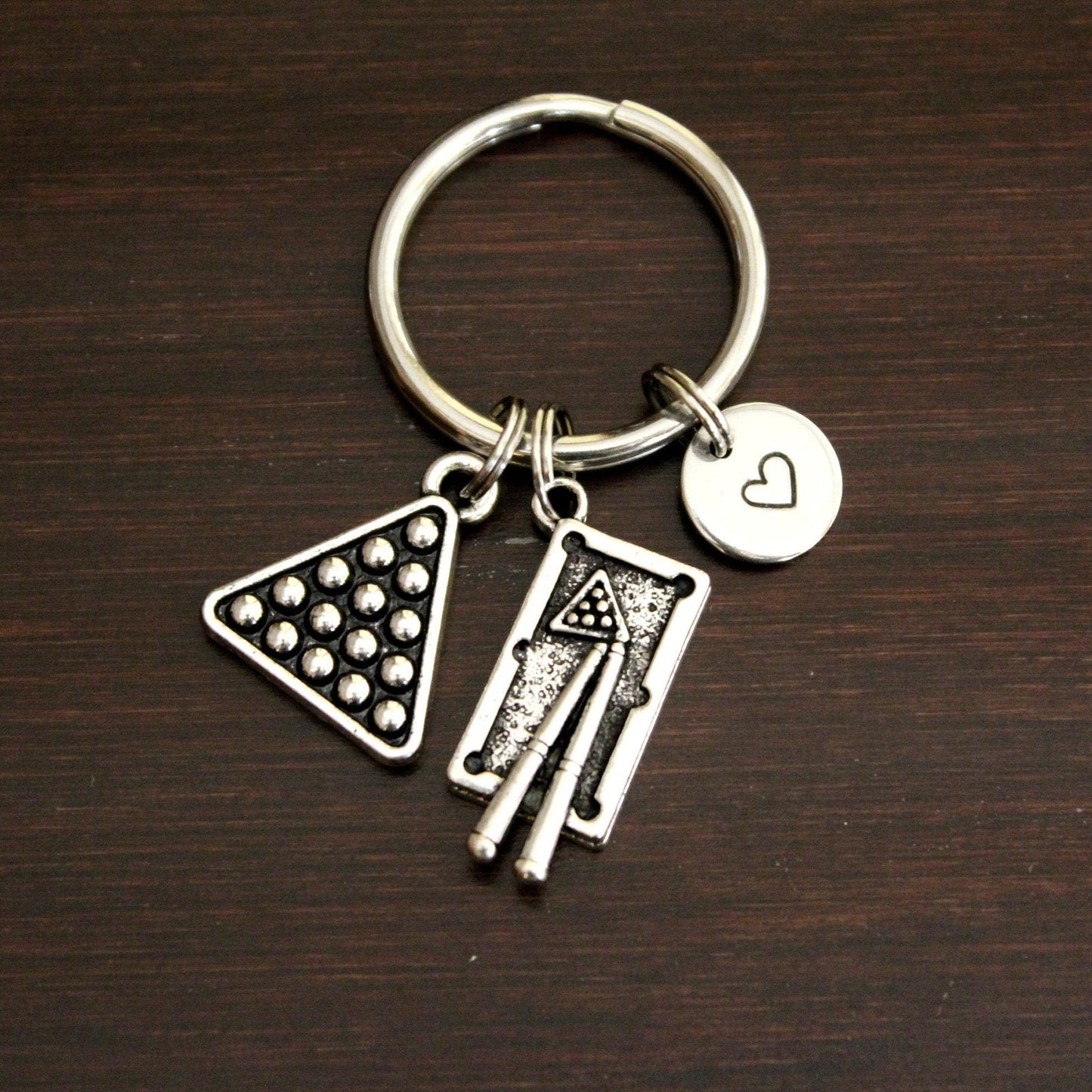 pool table with 2 sticks and billiard rack charm keychain