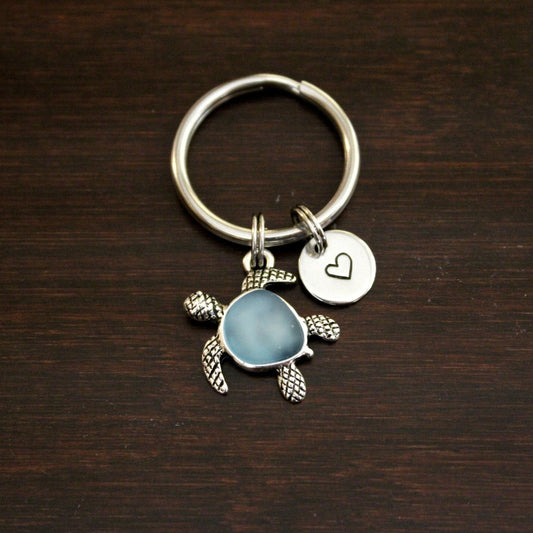 Sea turtle with blue colored resin gem for shell keychain