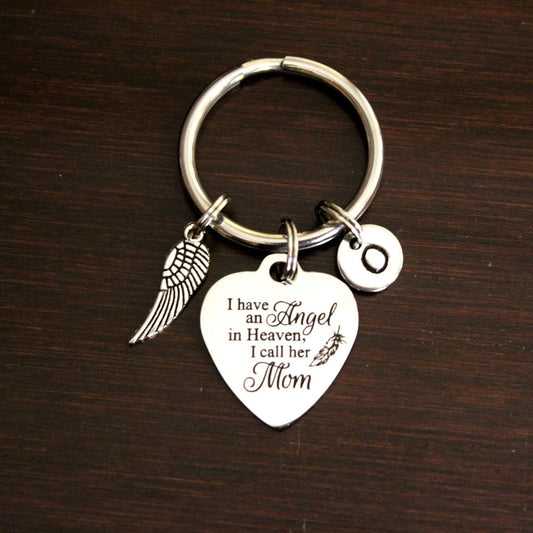 I have an angel in heaven I call her mom stainless steel charm with wing charm keychain 